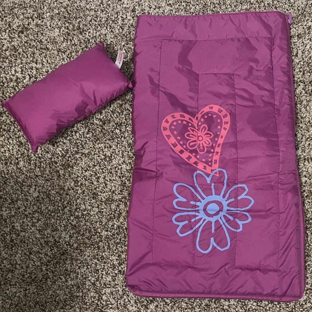American Girl Truly Me Magenta Flower Zipper Sleeping Bag Pillow Set w/ strap